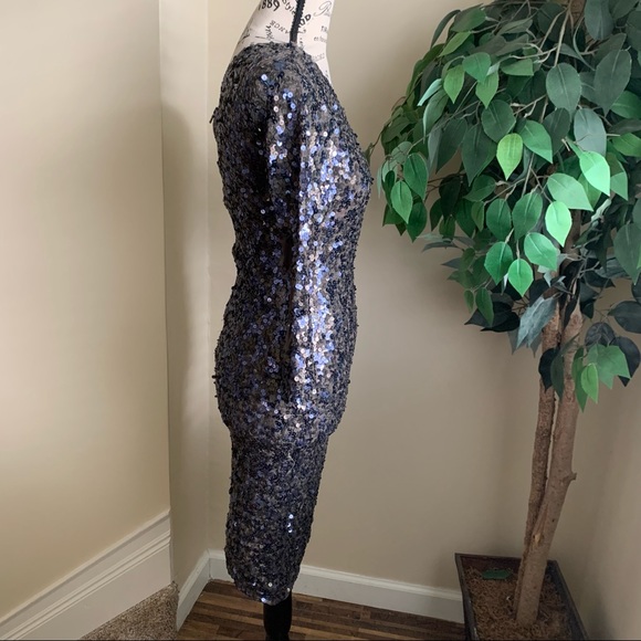 Alice + Olivia Nicky Sequin One-Shoulder Asymmetrical Dress Gray Sz 0 - Picture 7 of 16